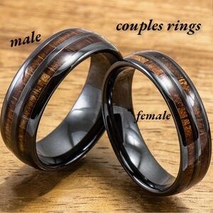 Woman’s 304 Stainless Steel Black Brown Whiskey Barrel Wood Inlay Wedding Ring
